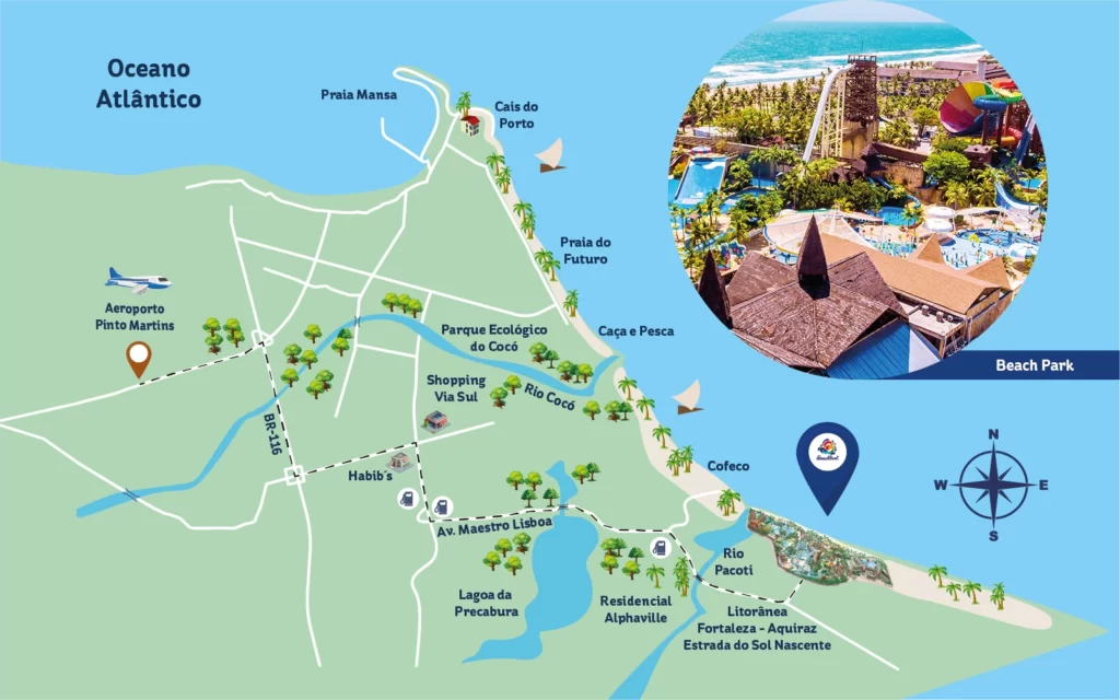 a imagem mostra o mapa com rota do aeroporto internacional de Fortaleza até o Beach Park, no Aquiraz