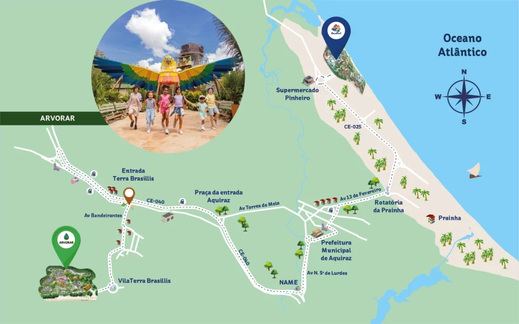 a imagem mostra onde fica o Parque Arvorar com um mapa com rota do Beach Park até lá