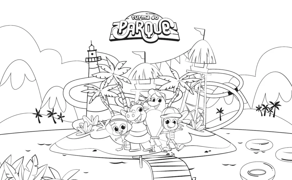 a imagem mostra uma ilustração da turma do parque beach park para imprimir e colorir