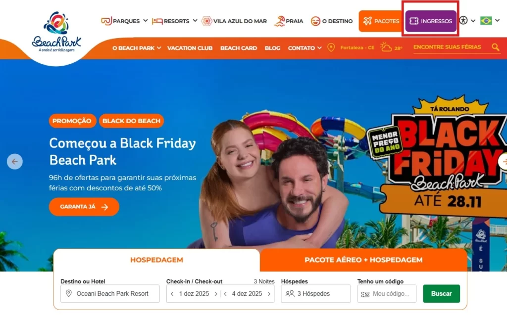 a imagem mostra a página principal do site oficial do beach park com botão da página de ingressos para os parques