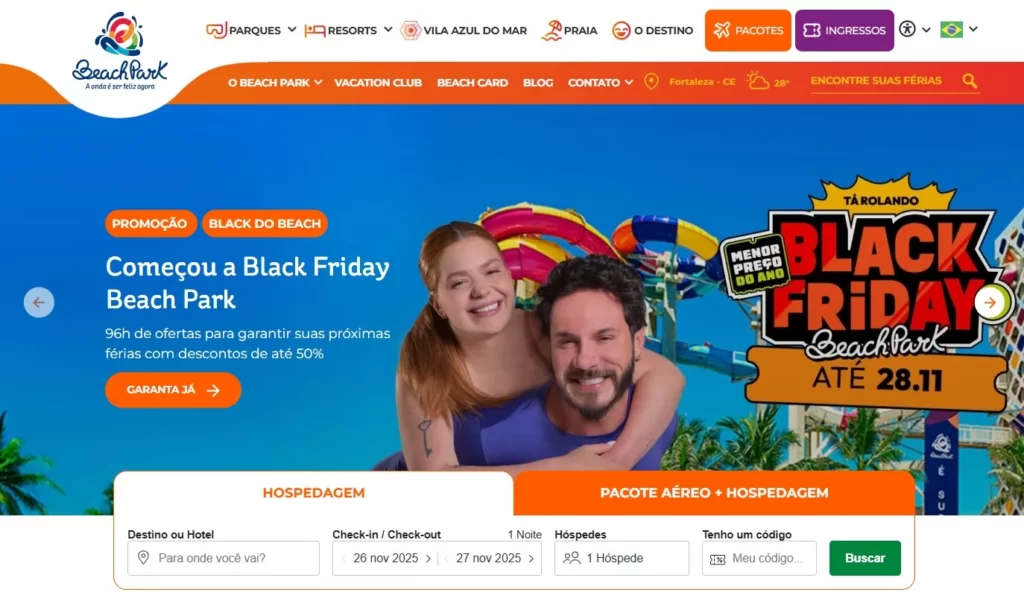 a imagem mostra a home do site oficial do beach park com o espaço de reservar hospedagem nos resorts durante a black friday 