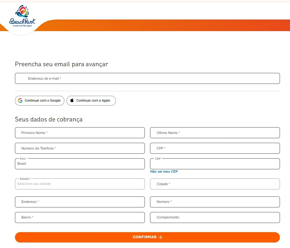 a imagem mostra a página de preencher dados pessoais para comprar ingressos dos parques do beach park