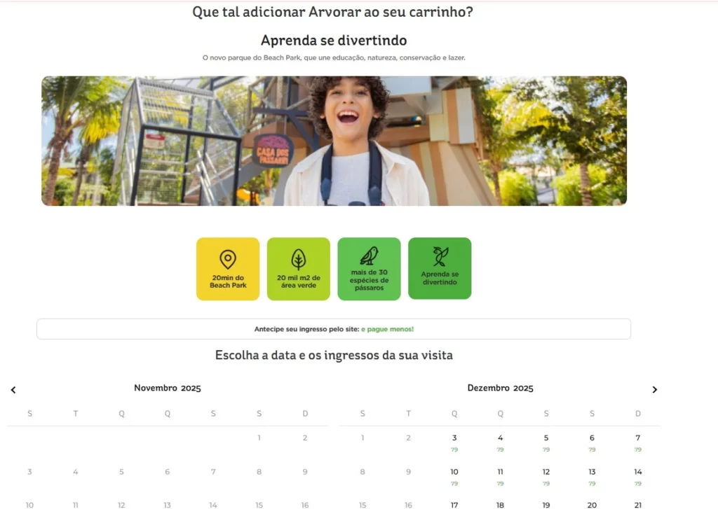 a imagem mostra a página de ingressos do parque arvorar