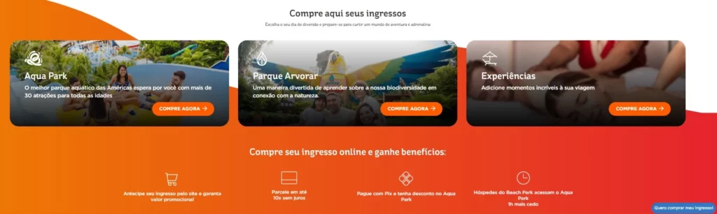 a imagem mostra as opções de parques e experiências do beach park