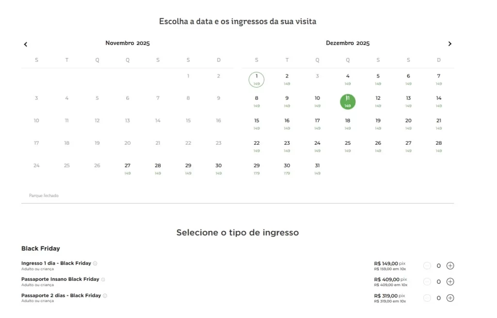 a imagem mostra datas para comprar ingresso dos parques beach park